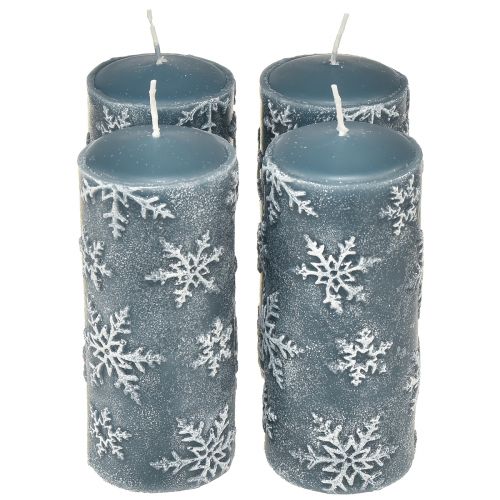 Floristik24 Bougies piliers bougies bleues flocons de neige 150/65mm 4 pcs