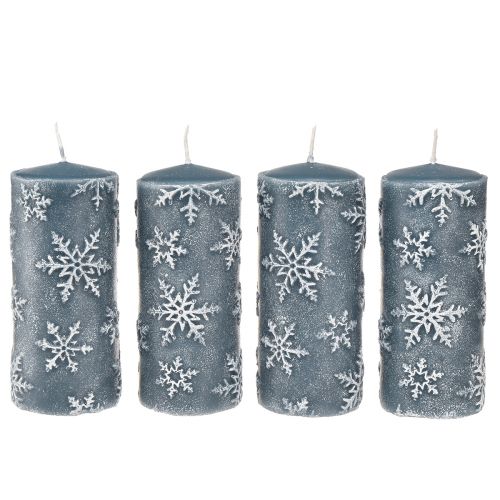 Floristik24 Bougies piliers bougies bleues flocons de neige 150/65mm 4 pcs