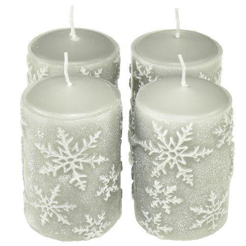 Floristik24 Bougies piliers bougies grises flocons de neige 100/65mm 4 pcs