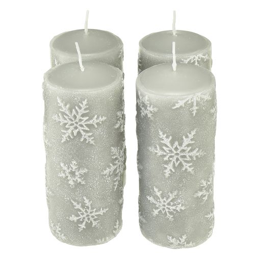 Floristik24 Bougies piliers bougies grises flocons de neige 150/65mm 4 pcs
