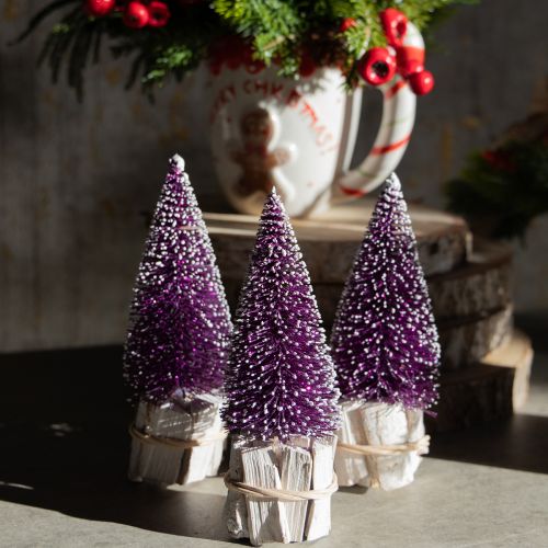 Article Sapin de Noël décoratif violet avec pointe de neige sur socle en bois rustique 15cm 3 pièces.