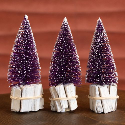 Article Sapin de Noël décoratif violet avec pointe de neige sur socle en bois rustique 15cm 3 pièces.