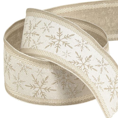 Floristik24 Ruban de Noël avec flocons de neige - ruban d'hiver avec contenu en lin blanc beige 40mm 12m