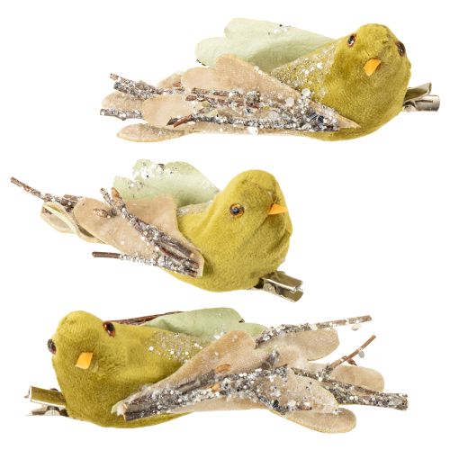 Décoration de Noël oiseau sur clip vert, paillettes 12cm 6pcs assortis