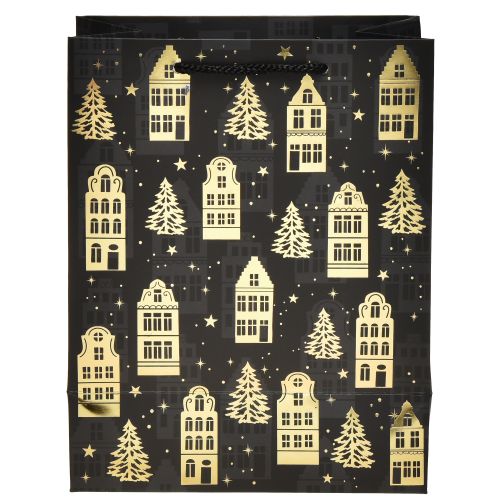 Floristik24 Sac de Noël noir/doré maisons de sapin 18x10x23cm 2pcs