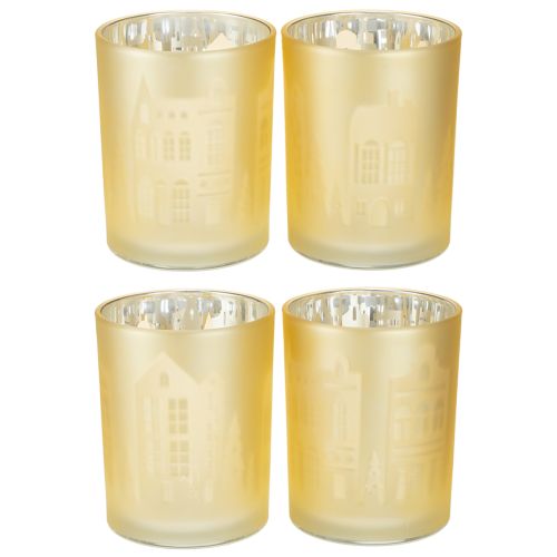 Lanterne verre argent or silhouette ville H12,5cm 4 pcs