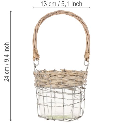 Lanterne décorative suspendue, métal, verre, osier, Ø13 cm H12 cm, 2 pièces | Floristik24.be