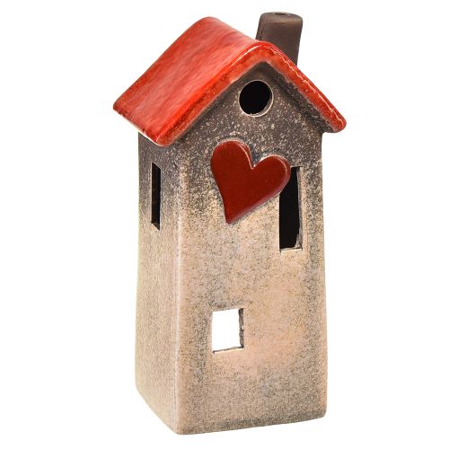 Floristik24 Lanterne de maison en céramique avec toit rouge et fenêtre coeur - 17,5 cm 2 pcs