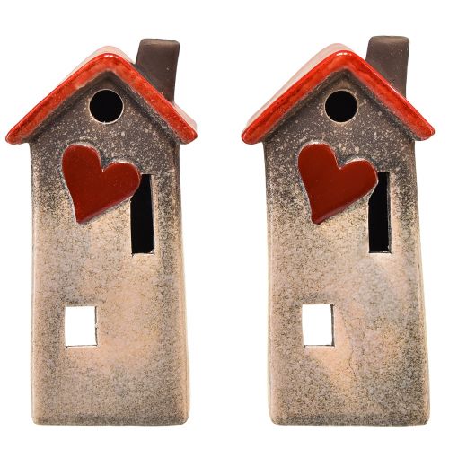 Article Lanterne de maison en céramique avec toit rouge et fenêtre coeur - 17,5 cm 2 pcs
