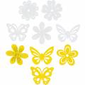 Floristik24 Fleurs et papillons à saupoudrer de bois jaune, blanc décoration de printemps décoration de printemps 72pcs