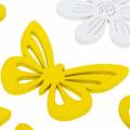 Floristik24 Fleurs et papillons à saupoudrer de bois jaune, blanc décoration de printemps décoration de printemps 72pcs