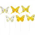Floristik24 Papillons décoratifs papillon plume jaune sur fil 7,5cm 6pcs
