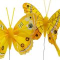 Floristik24 Papillons décoratifs papillon plume jaune sur fil 7,5cm 6pcs