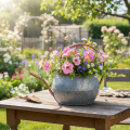 Arrosoir décoratif en métal, style champêtre vintage, décoration de jardin, pour les plantations, cuivre argenté, L 41 cm Ø 26 cm H 30 cm | Floristik24.be
