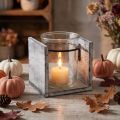 Porte-bougie chauffe-plat en verre dans un cadre en bois rustique – gris et blanc, 10 x 9 x 10 cm – Décoration de table charmante | Floristik24.be