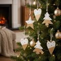Décorations suspendues en bois blanc et doré motifs étoile, cœur et sapin 6 pièces | Floristik24.be