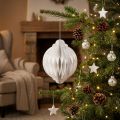 Boule décorative en papier blanc Ø15cm avec bord pailleté et ruban doré | Floristik24.be