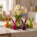 Petits lapins de Pâques assis, floqués de couleurs vives, 13 cm, lot de 8. | Floristik24.be