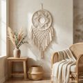 Attrape-rêves mural en macramé couleur crème, décoration bohème, fait main, 29 x 72 cm, pour salon et chambre. | Floristik24.be