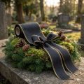Ruban moiré élégant pour couronne, 175 mm, noir avec bordure nacrée et tissage taffetas, ruban décoratif pour compositions florales funéraires, ruban pour nœud, 25 m | Floristik24.be
