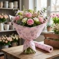 Papier d'emballage fleuri à motifs de cœurs pour créations florales décoratives, 25 cm x 25 m | Floristik24.be
