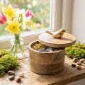 Boîte à bijoux avec oiseau, ressort, boîte déco en bois de manguier, vrai bois naturel, doré H11cm Ø12cm | Floristik24.be
