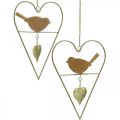 Floristik24 Coeurs décoratifs à suspendre métal avec oiseau bois 12×18cm 2pcs