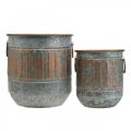 Bol décoratif avec anses, cache-pot, vase en métal argenté, aspect antique cuivré H31 / 24,5cm Ø29,5 / 22cm lot de 2