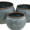 Floristik24 Pot déco, bol jardinière, vase métal argenté, aspect antique cuivré H22 / 20,5 / 16,5cm Ø39 / 30,5 / 25cm lot de 3