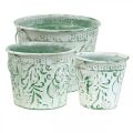 Floristik24 Pots en métal avec anses, jardinières avec gaufrage blanc, vert shabby chic H20,5/18,5/16cm Ø25,5/20,5/15,5cm lot de 3