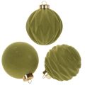 Floristik24 Boule de Noël effet velours, verte, texture variée, 8 cm, lot de 12. Boule de Noël floquée vert mousse, en plastique. Cordon en coton inclus.