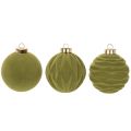 Boule de Noël effet velours, verte, texture variée, 8 cm, lot de 12. Boule de Noël floquée vert mousse, en plastique. Cordon en coton inclus. | Floristik24.be