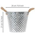 Pot en zinc, forme losange, anses en corde, blanchi à la chaux, Ø 24,5 cm H 21 cm | Floristik24.be